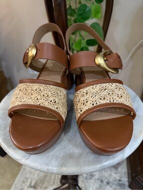 AEROSOLES Brown Leather and Natural Raffia Woven Sandals with Gold Buckle